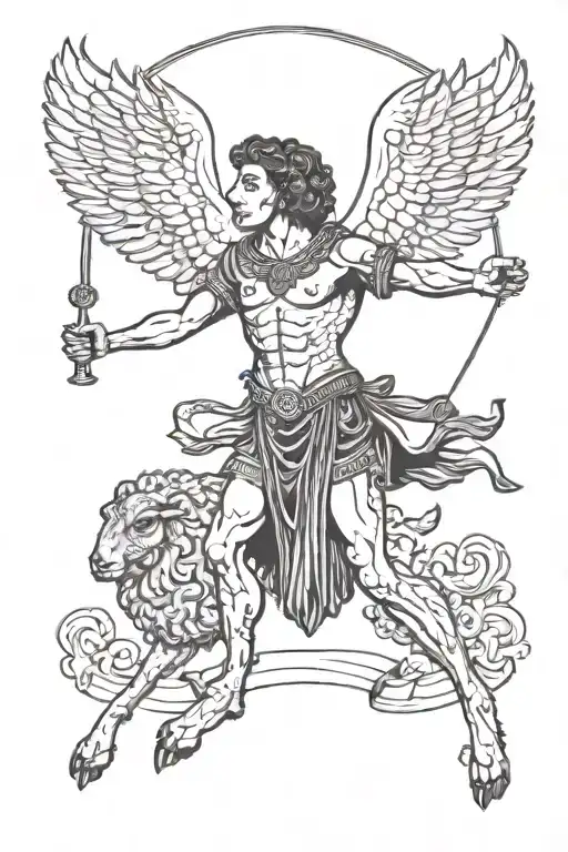 black sheep human hybrid standing like a god Hermes tattoo design idea