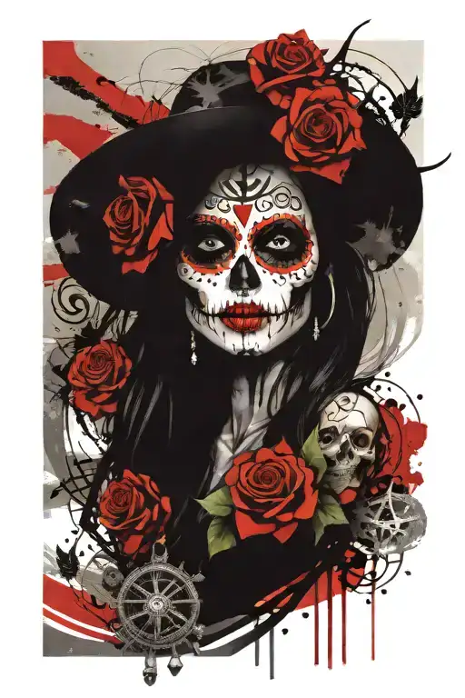 La Catrina face, dark background, compass rose intertwined tattoo design idea