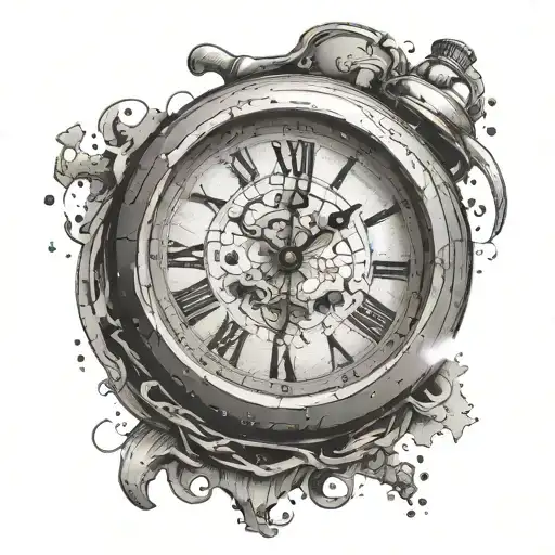A broken analog clock stuck at 4:47 with the words "because it didn't" underneath  tattoo design idea