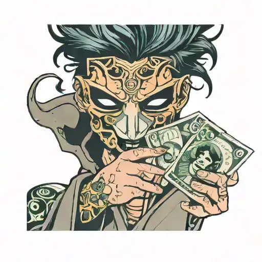 faceless, mask in hand, anime money cruelty tattoo design idea