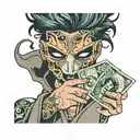 faceless, mask in hand, anime money cruelty tattoo design idea