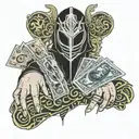 faceless, mask in hand, anime money cruelty tattoo design idea