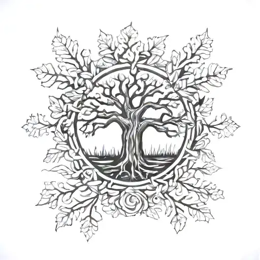 oak tree and wreath frame tattoo design idea