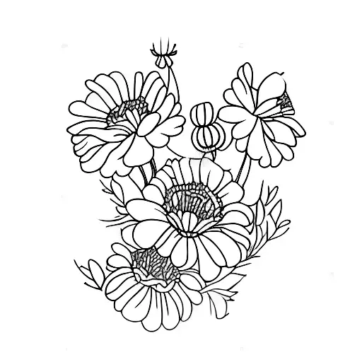 Chrystanthemum, carnation, Poppy, ASter with I love you tattoo design idea