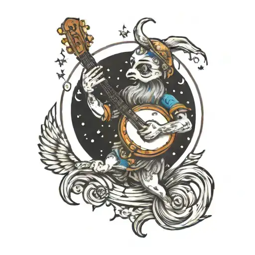 moon playing banjo tattoo design idea