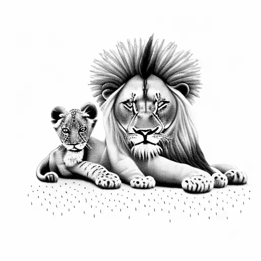 a black-and-white image of terebinth tree full with fruits  with two beautiful, cute lion cubs. details of the lio tattoo design idea