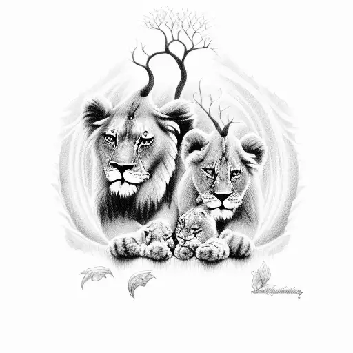 a black-and-white image of terebinth tree full with fruits  with two beautiful, cute lion cubs. details of the lio tattoo design idea