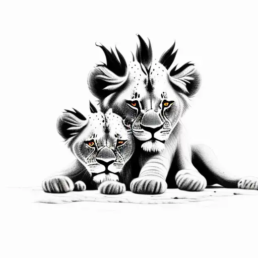 a black-and-white image of terebinth tree full with fruits and two beautiful, cute lion cubs. details of the lio tattoo design idea