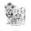 a black-and-white image of terebinth tree full with fruits and two beautiful, cute lion cubs standing in its shadow. tattoo design idea