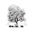 a black-and-white image of terebinth tree full with fruits and two beautiful, cute lion cubs standing in its shadow. tattoo design idea