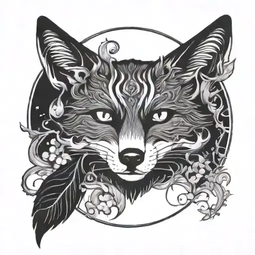 black fox with 3 tails under a moon with fire on the sides tattoo design idea