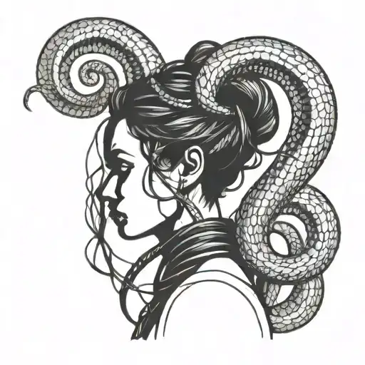 silhouette of a non-detailed woman. Evil snakes are wrapped around her neck, symbolizing suffocating circumstances and conflicts. tattoo design idea