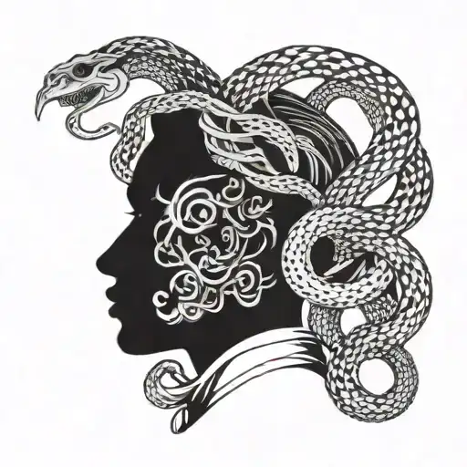 silhouette of a non-detailed woman. Evil snakes are wrapped around her neck, symbolizing suffocating circumstances and conflicts. tattoo design idea