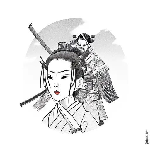 a samurai who stands behind a woman in a kimono and cuts off her head tattoo design idea