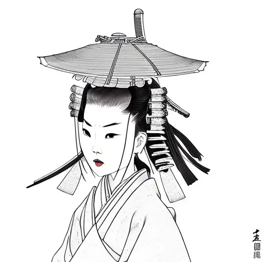 a samurai who stands behind a woman in a kimono and cuts off her head tattoo design idea