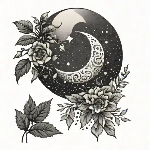 A geometric moon design surrounded by floral elements in dotwork style tattoo design idea