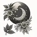 A geometric moon design surrounded by floral elements in dotwork style tattoo design idea