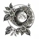 A geometric moon design surrounded by floral elements in dotwork style tattoo design idea