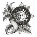 A geometric moon design surrounded by floral elements in dotwork style tattoo design idea