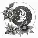 A geometric moon design surrounded by floral elements in dotwork style tattoo design idea