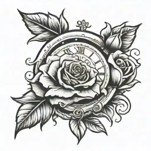 rose with clock surrounded tattoo design idea