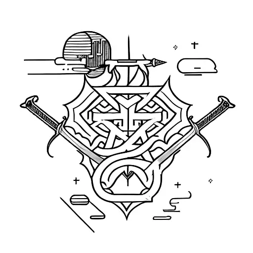 straight sword minimal With text in between " I>^v tattoo design idea