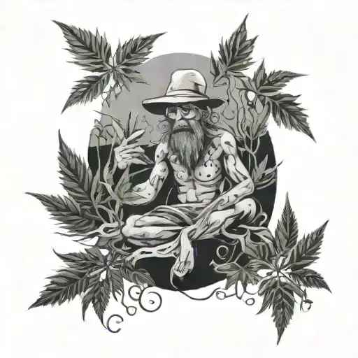 A surreal scene of a mischievous character made of cannabis leaves causing chaos in a serene natural landscape tattoo design idea