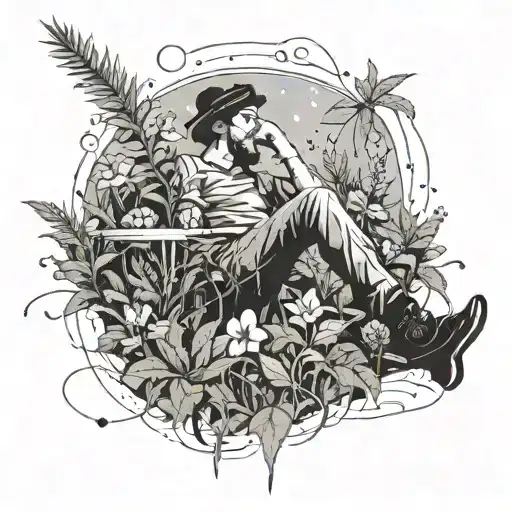 An abstract representation of a lazy person lounging in a field of flowers, with subtle hints of cannabis leaves in the background tattoo design idea