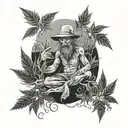 A surreal scene of a mischievous character made of cannabis leaves causing chaos in a serene natural landscape tattoo design idea