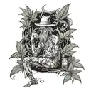 A surreal scene of a mischievous character made of cannabis leaves causing chaos in a serene natural landscape tattoo design idea