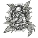 A surreal scene of a mischievous character made of cannabis leaves causing chaos in a serene natural landscape tattoo design idea