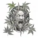 A surreal scene of a mischievous character made of cannabis leaves causing chaos in a serene natural landscape tattoo design idea