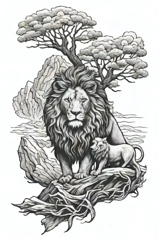 lion and mountain tattoo design idea
