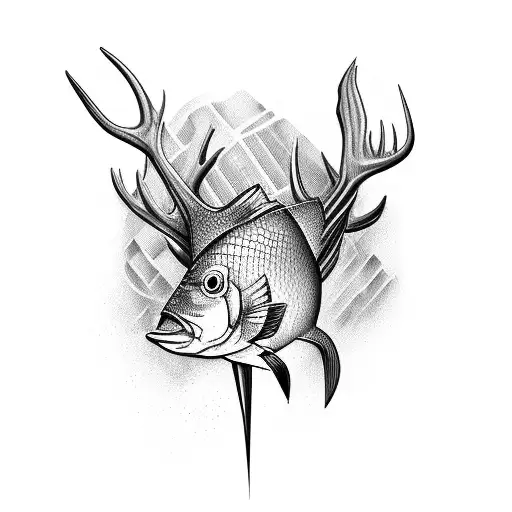 buck, fish, and cross tattoo design idea