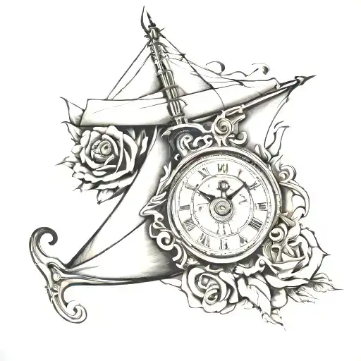 sail boat rose dice old gun clock face tattoo design idea