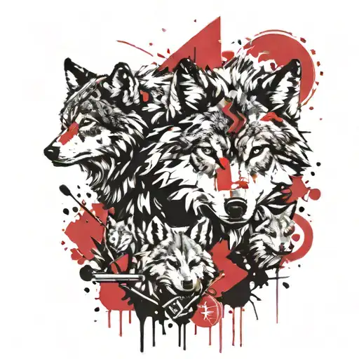 wolf and two cub surrounded tattoo design idea