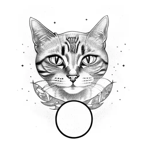 A cosmic cat surrounded by zodiac symbols and tarot cards tattoo design idea