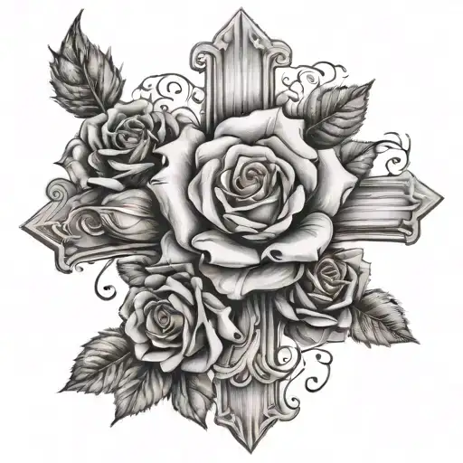Cross and rose with a realistic 3D effect using black tattoo design idea