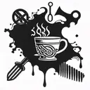 A coffee cup with musical notes as steam coming out, surrounded by barber tools like combs and scissors tattoo design idea