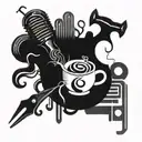 A coffee cup with musical notes as steam coming out, surrounded by barber tools like combs and scissors tattoo design idea