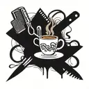 A coffee cup with musical notes as steam coming out, surrounded by barber tools like combs and scissors tattoo design idea