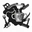 A coffee cup with musical notes as steam coming out, surrounded by barber tools like combs and scissors tattoo design idea