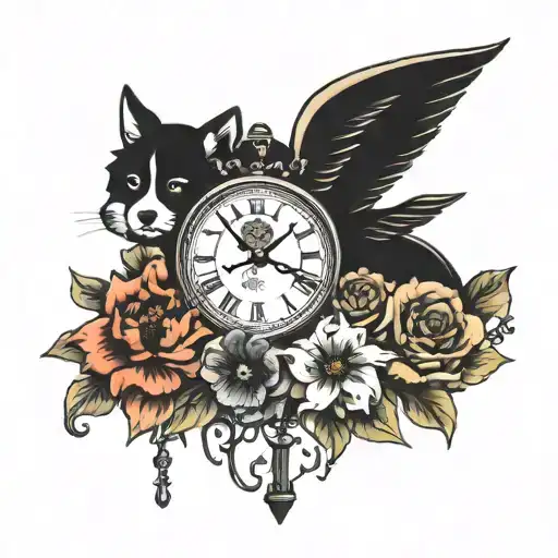 cosmo flower poppy flower narciss flower & angel wings dog paw bird lock and key clock tattoo design idea