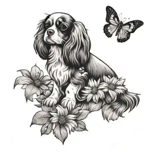 cavalier king charles spaniel in lavender and daisies with butterfly tattoo design idea
