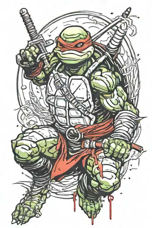an angry bloody battle damaged ninja turtle holding his sais with a red blood moon in the back ground  tattoo design idea