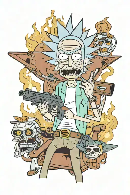 Rick from morty with an ak47 and a cigarette being consumed tattoo design idea