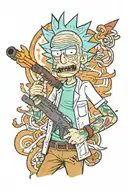 Rick from morty with an ak47 and a cigarette being consumed tattoo design idea