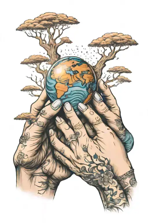 two hands and the world tattoo design idea
