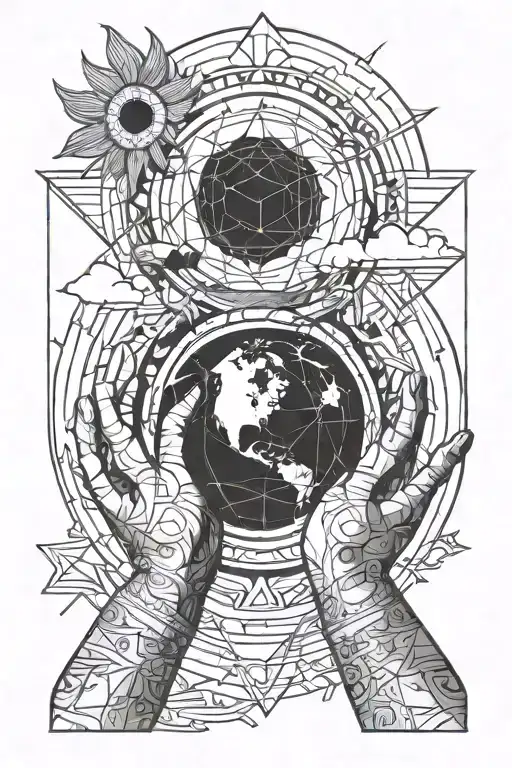 two hands and the earth and the sun tattoo design idea