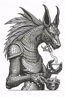 anubis with scales in his hand and a cigarette in his right tattoo design idea